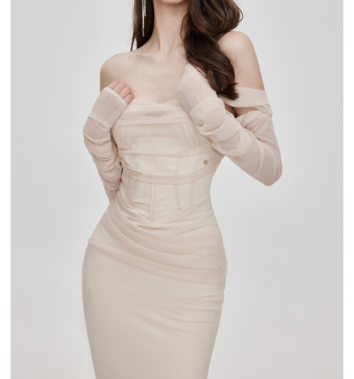 Midnight Muse Off-Shoulder Fishtail Dress in cream with stylish sheer details and elegant silhouette