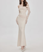 Elegant Midnight Muse Off-Shoulder Fishtail Dress in light beige with fitted bodice and long sleeves