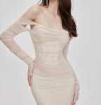 Elegant Midnight Muse Off-Shoulder Fishtail Dress in beige with sheer long sleeves and fitted silhouette