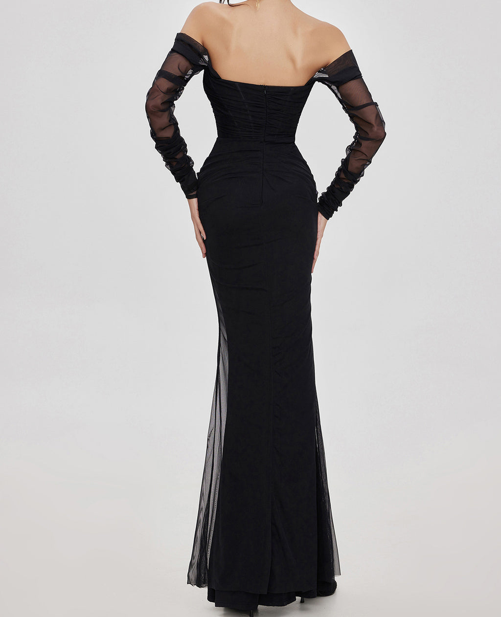 Midnight Muse Off-Shoulder Fishtail Dress with Sheer Long Sleeves and Elegant Fishtail Hem