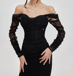 Midnight Muse Off-Shoulder Fishtail Dress with Sheer Sleeves for Elegant Evening Wear