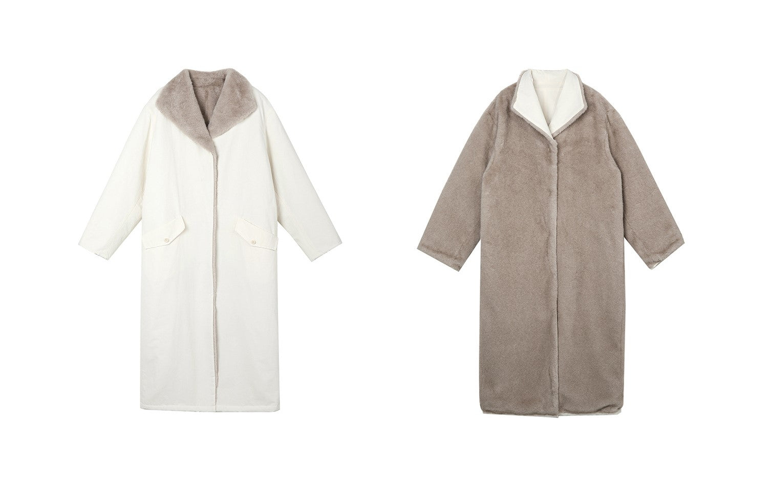 Milk Tea Reversible Luxe Fur Trench in cream and beige with a soft, cozy design for stylish warmth