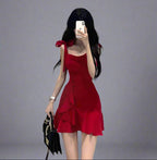 Stylish Mini Red Dress with Bow Straps, Perfect for Summer Parties and Casual Outings