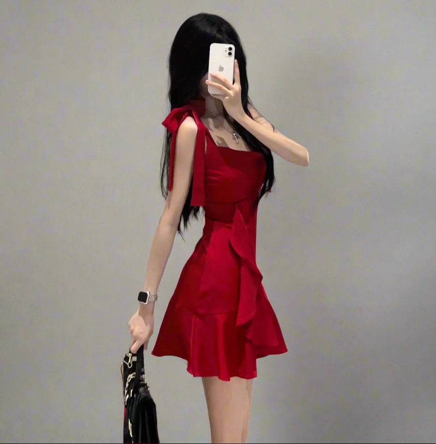 Stylish Mini Red Dress with Ruffled Design, Perfect for Casual Outings or Parties