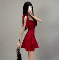 Stylish Mini Red Dress with Ruffled Design, Perfect for Casual Outings or Parties