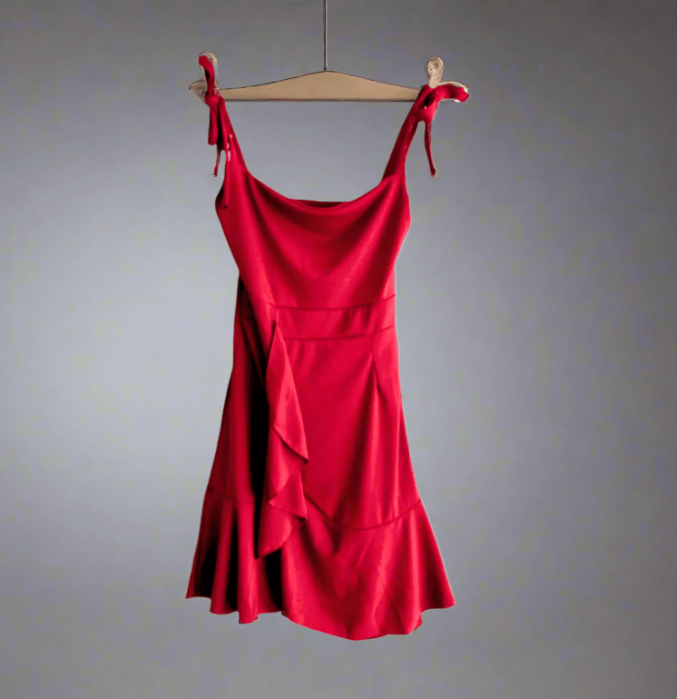 Stylish Mini Red Dress with Flowy Ruffle Hem and Adjustable Tie Straps
