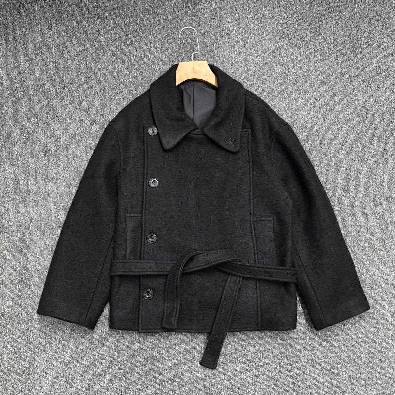 AM Vision RO Minimalist Belted Short Coat in Black with Button Closure and Belted Waist