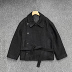 AM Vision RO Minimalist Belted Short Coat in Black with Button Closure and Belted Waist