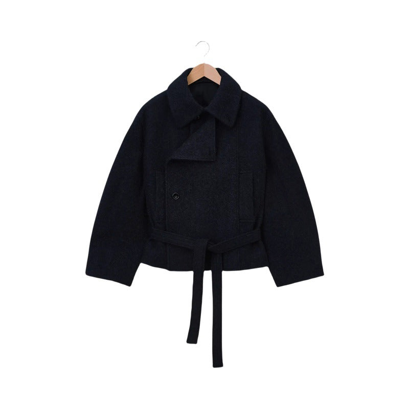 AM Vision RO Minimalist Belted Short Coat in black with a stylish belted design and modern silhouette