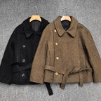 Black and brown Minimalist Belted Short Coat with button closures and a tie belt