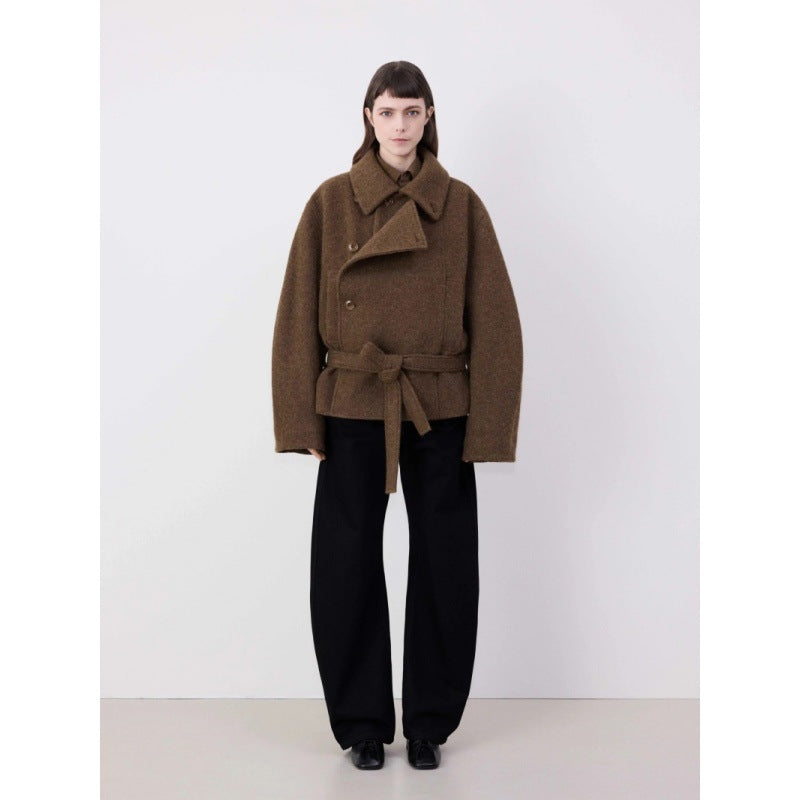 AM Vision RO Minimalist Belted Short Coat in brown with a stylish oversized fit for modern fashion