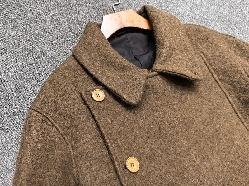 Brown Minimalist Belted Short Coat with Double Buttons and Classic Collar Design