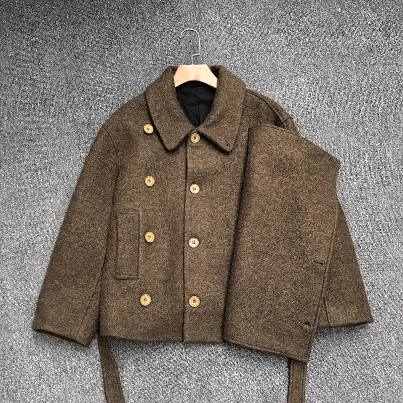 Brown AM Vision RO Minimalist Belted Short Coat with button details and side pocket