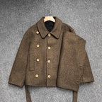 Brown AM Vision RO Minimalist Belted Short Coat with button details and side pocket