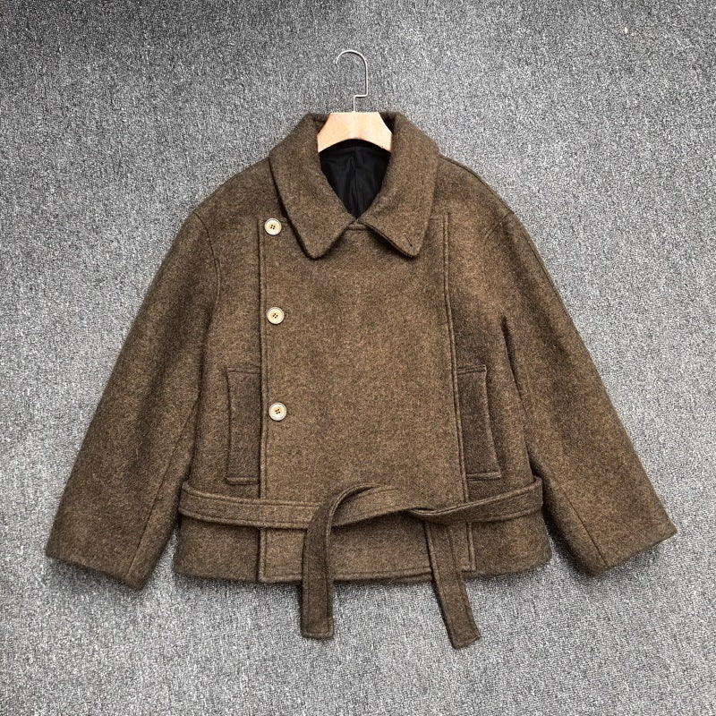 Brown Minimalist Belted Short Coat with double-breasted buttons and a stylish belt