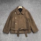 Brown Minimalist Belted Short Coat with double-breasted buttons and a stylish belt