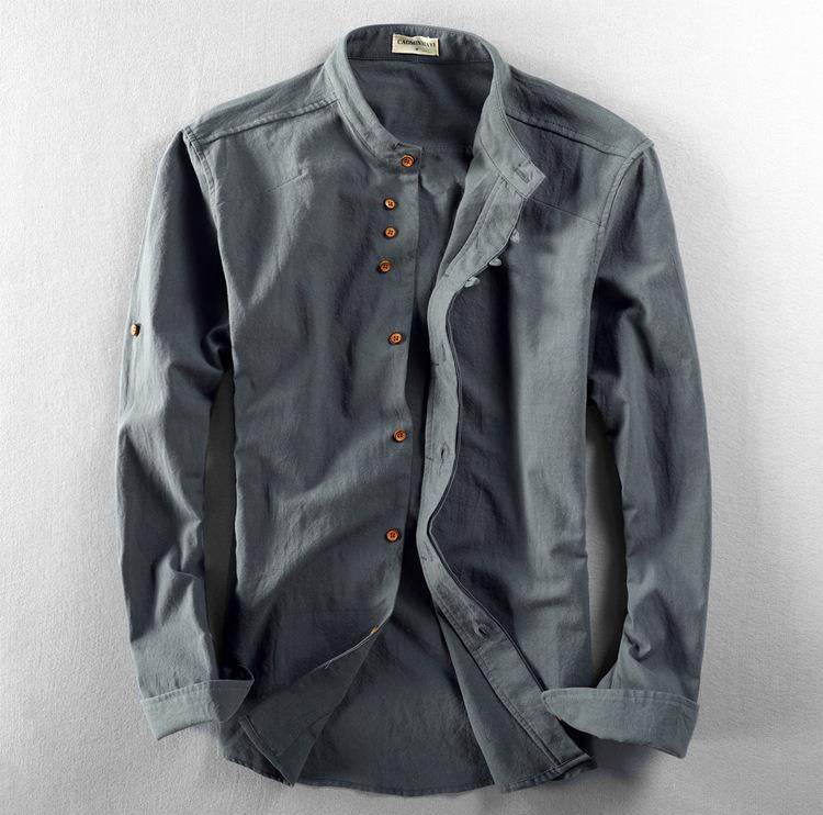 AM Vision RO Minimalist Design Shirt in Gray with Wooden Buttons and Stylish Casual Look