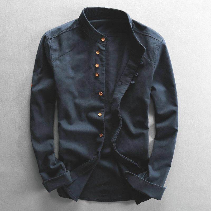 AM Vision RO Minimalist Design Shirt in Dark Blue with Button-Up Front and Folded Cuffs