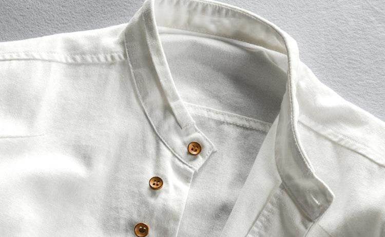 White AM Vision RO Minimalist Design Shirt with a Mandarin Collar and Wooden Buttons