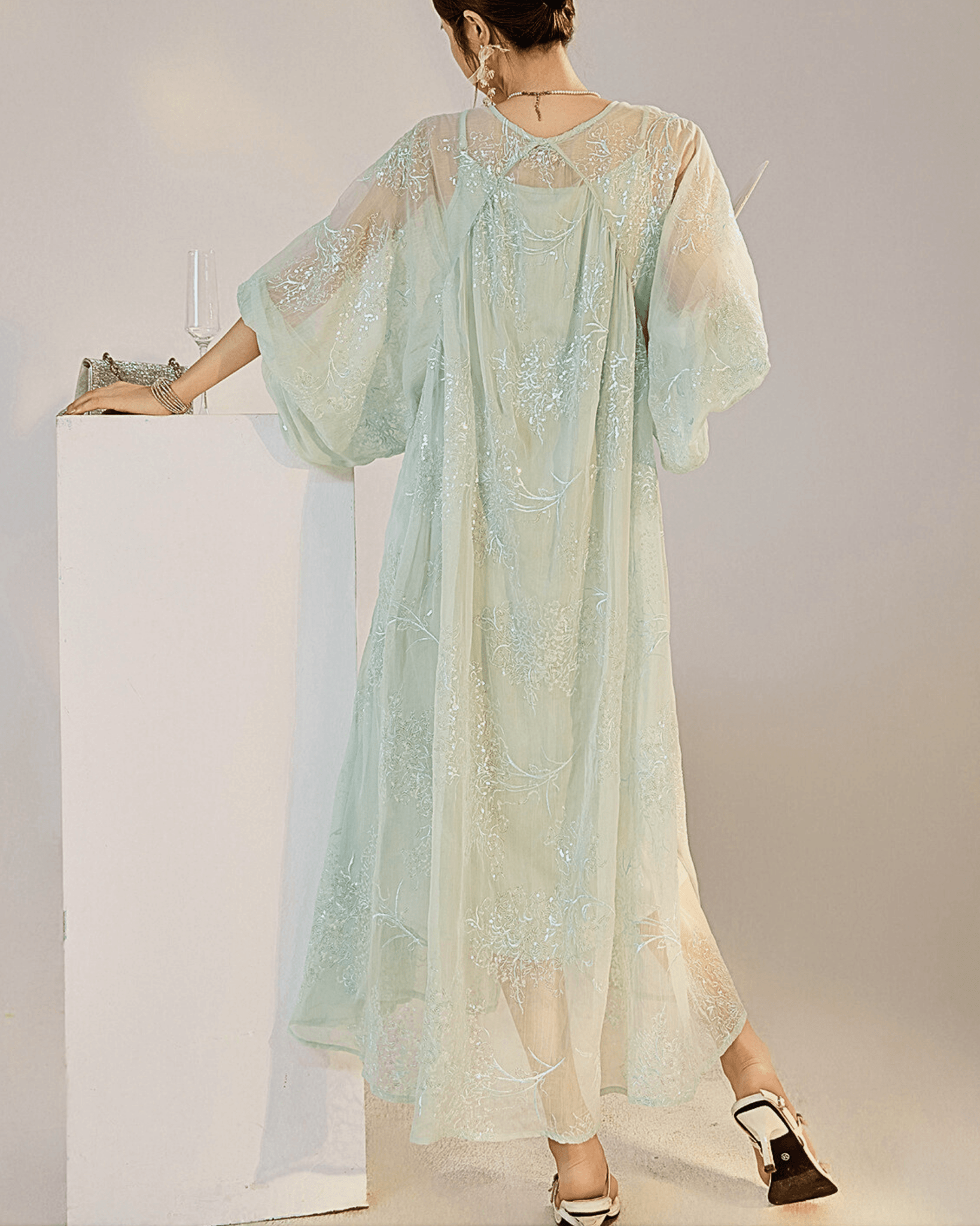 Mint Blue Dress with Embroidery featuring a flowing design and sheer fabric perfect for elegant occasions