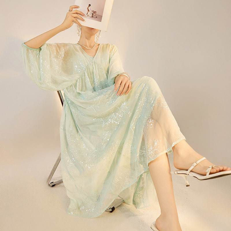 Elegant Mint Blue Dress with Embroidery perfect for spring and summer occasions
