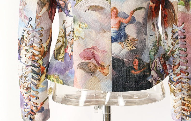 Mocha Mousse Cape Jacket featuring an artistic design with intricate lacing and vibrant colors
