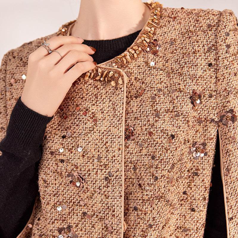 Mocha Mousse Cape Jacket with sequins and elegant detailing for stylish outfits