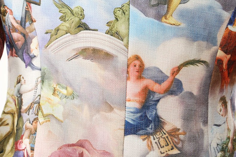 Mocha Mousse Cape Jacket featuring a vibrant print of classical art with cherubs and beautiful scenery