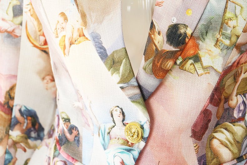 Mocha Mousse Cape Jacket featuring a vibrant classical art print and elegant lapel design
