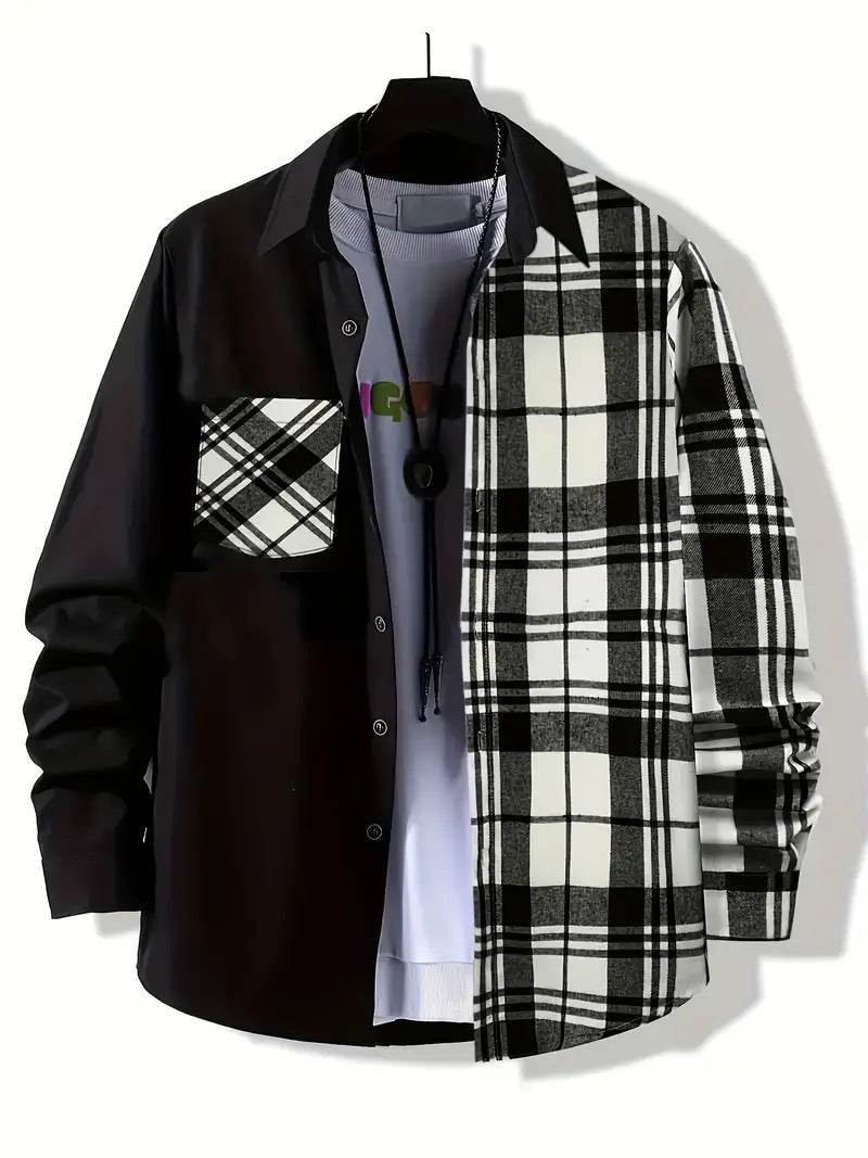 Cămașă casual carouri alb negru cu o jumătate solidă și cealaltă în carouri, buzunar pătrat și tricou interior