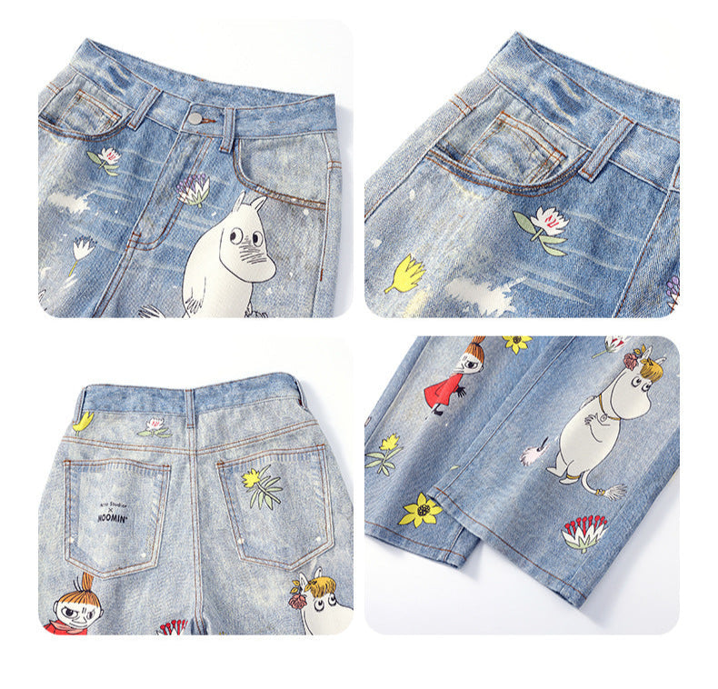 Blugi Moomins Cartoon blugi din denim deschis cu imprimeu Moomins si flori, buzunare fata si spate