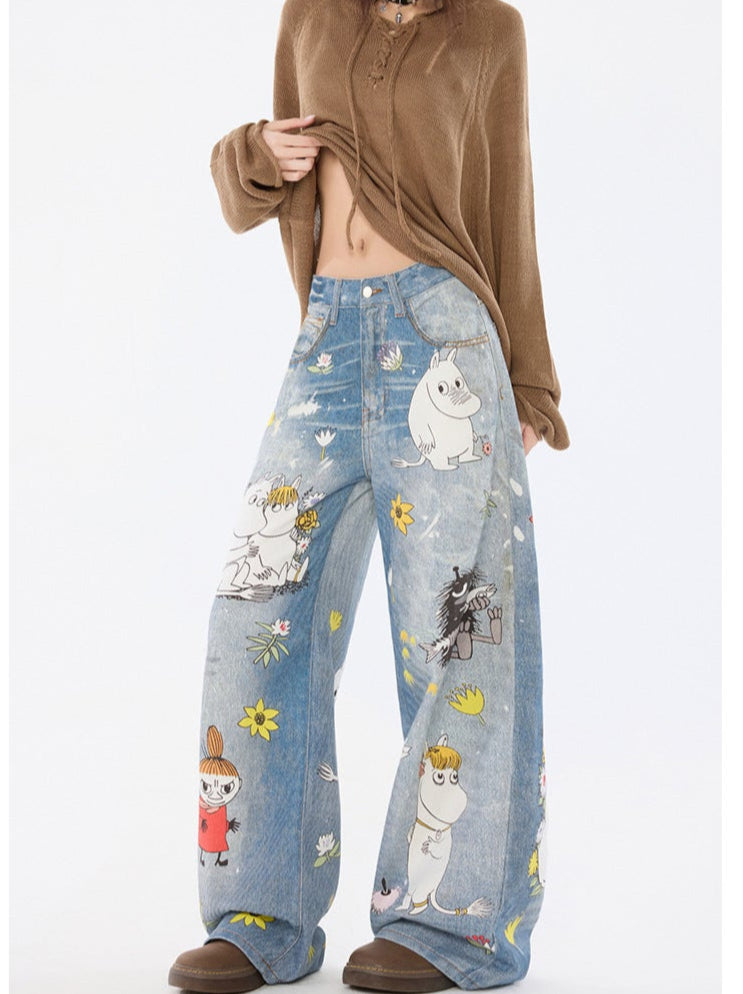 Blugi Moomins Cartoon evazati din denim cu imprimeu colorat Moomins personaje jucause casual