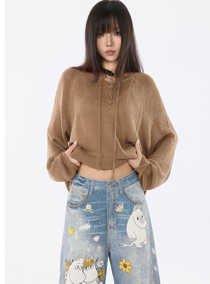 Model purtand Blugi Moomins Cartoon din denim deschis cu imprimeu Moominuri largi si talie joasa