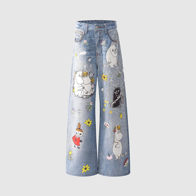 Blugi Moomins Cartoon evazati din denim albastru deschis cu imprimeuri Moomin si flori talie inalta