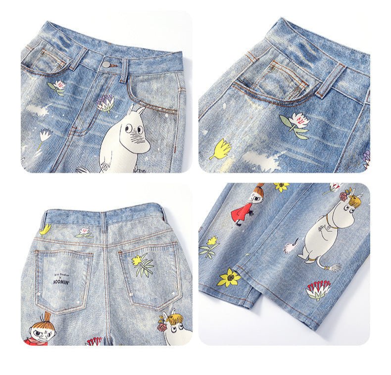 Moomins Cartoon Jeans featuring colorful character designs and floral motifs on denim fabric