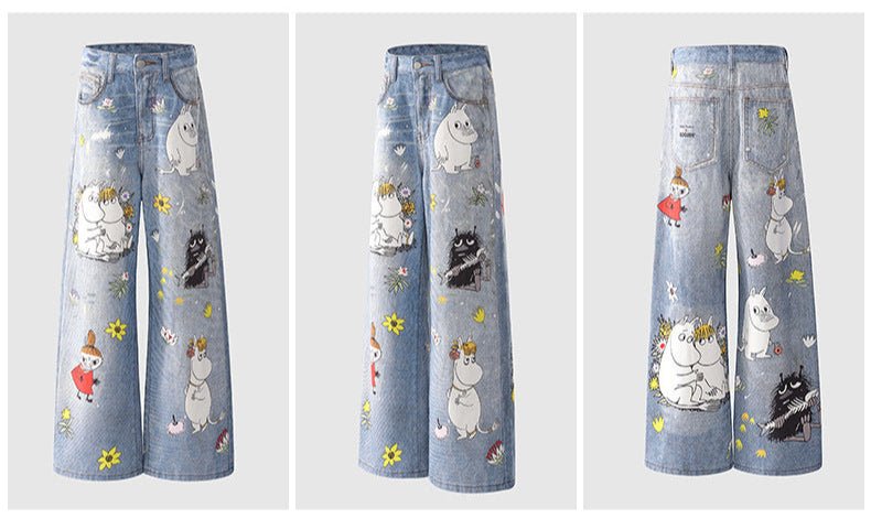 Moomins Cartoon Jeans with Colorful Characters and Floral Designs for a Fun, Casual Outfit