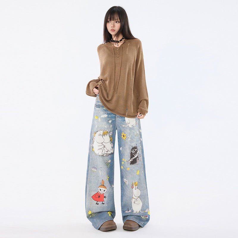 Trendy Moomins Cartoon Jeans with whimsical character designs in a relaxed fit