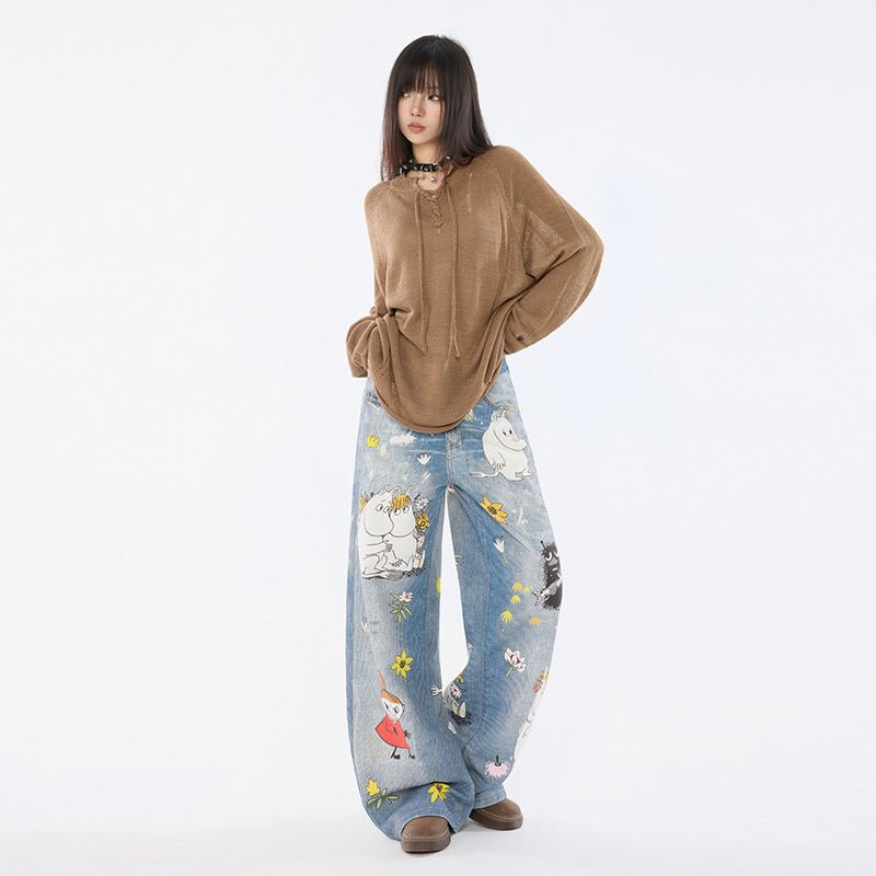 Moomins Cartoon Jeans featuring playful characters and a wide-leg design for a unique stylish look