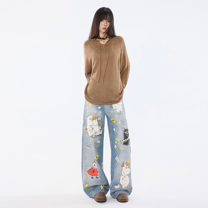 Moomins Cartoon Jeans in Light Blue with Colorful Illustrations of Moomin Characters