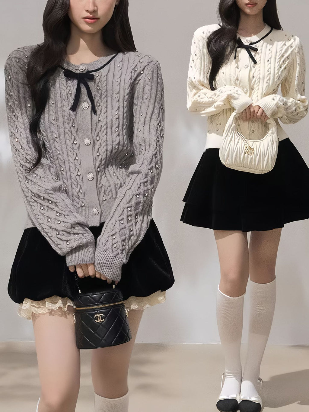 Moonlight Ribbon Cardigan in grey and cream featuring a cable knit design and bow detail