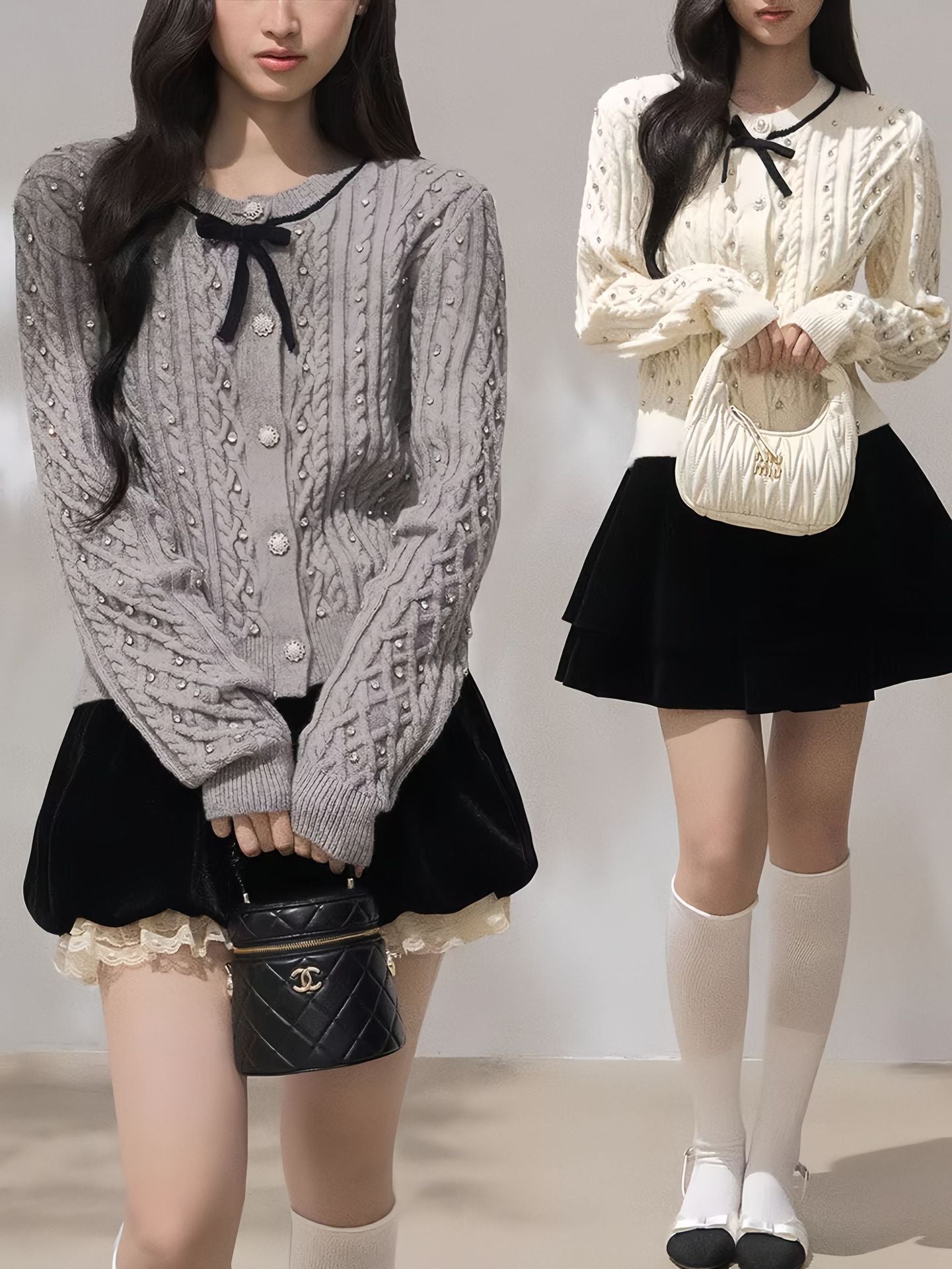 Moonlight Ribbon Cardigan in grey and cream featuring a cable knit design and bow detail