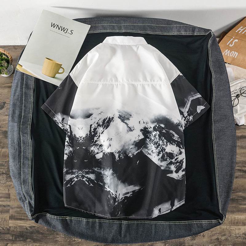 AM Vision RO Mountain Print Shirt featuring a striking black and white mountain landscape design