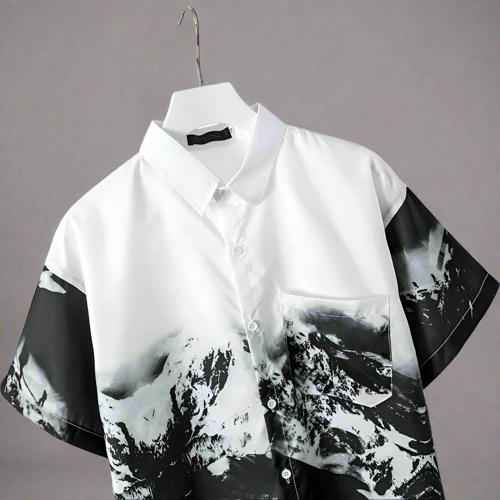 AM Vision RO mountain print shirt featuring a stylish black and white design with a relaxed fit