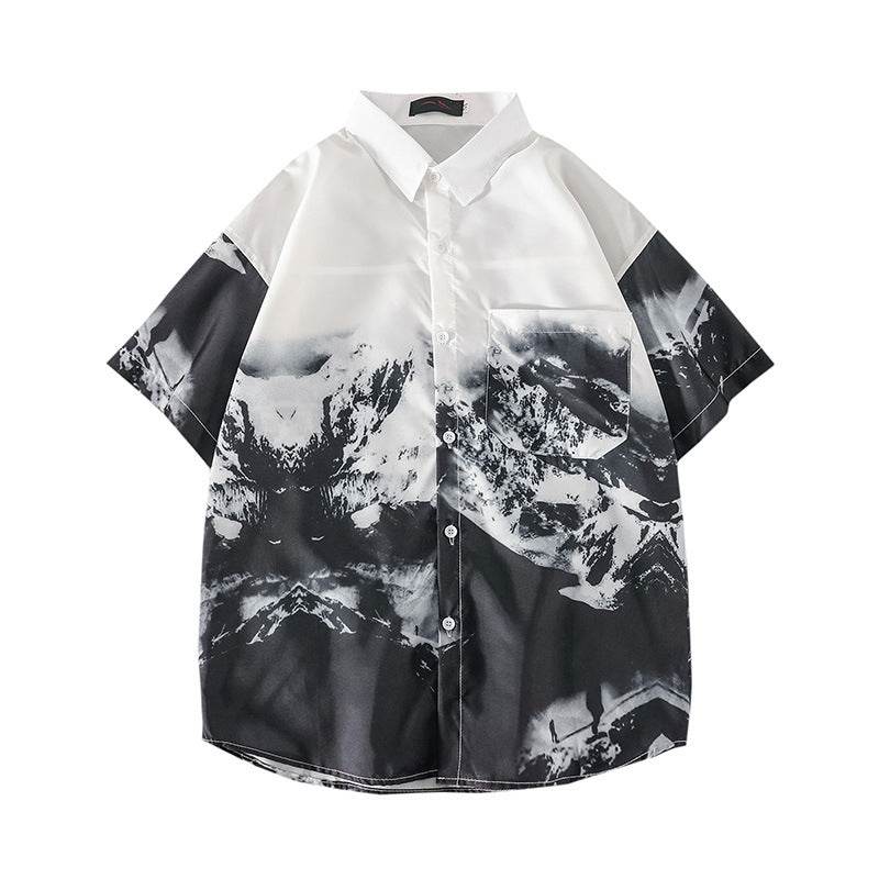 Stylish mountain print shirt featuring a black and white graphic design for casual wear