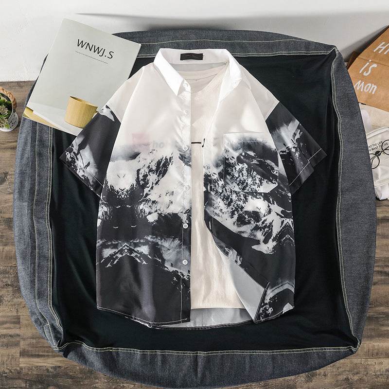 AM Vision RO mountain print shirt featuring a stylish black and white mountain design on lightweight fabric