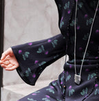 Elegant Mulberry Silk Dress featuring Artistic Prints with Bell Sleeves and a Flowing Design