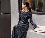 Elegant Mulberry Silk Dress with Artistic Prints, featuring a stylish long silhouette and unique floral design