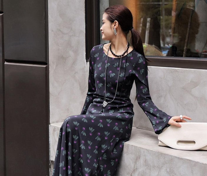 Elegant Mulberry Silk Dress with Artistic Prints, featuring a stylish long silhouette and unique floral design