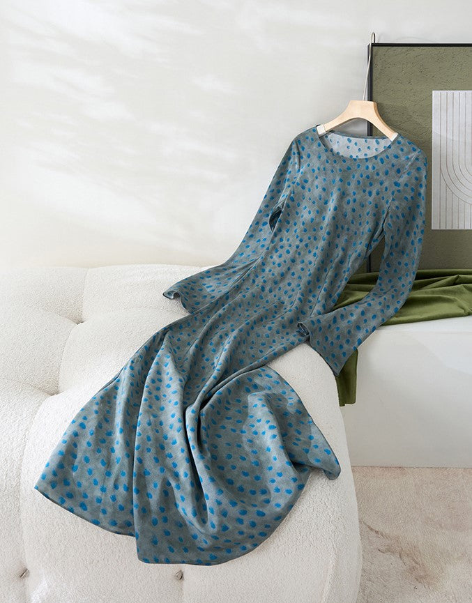 AM Vision RO Mulberry Silk Dress with Artistic Prints in Blue Polka Dots on a Soft Background