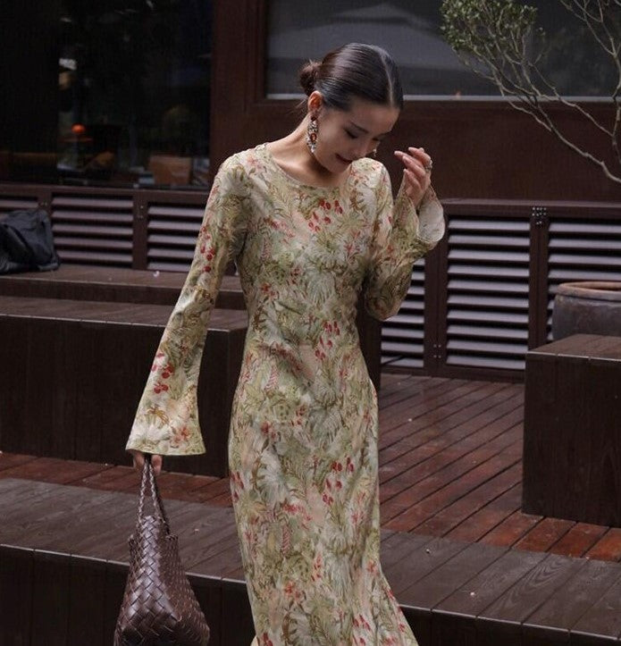 Elegant Mulberry Silk Dress with Artistic Prints in Soft Floral Design for Stylish Occasions